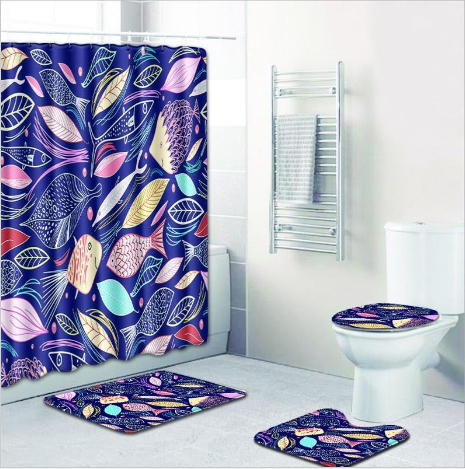 Bathroom Shower Curtains Toilet Cover Mat Non-Slip Rug Set Colorful Image 3