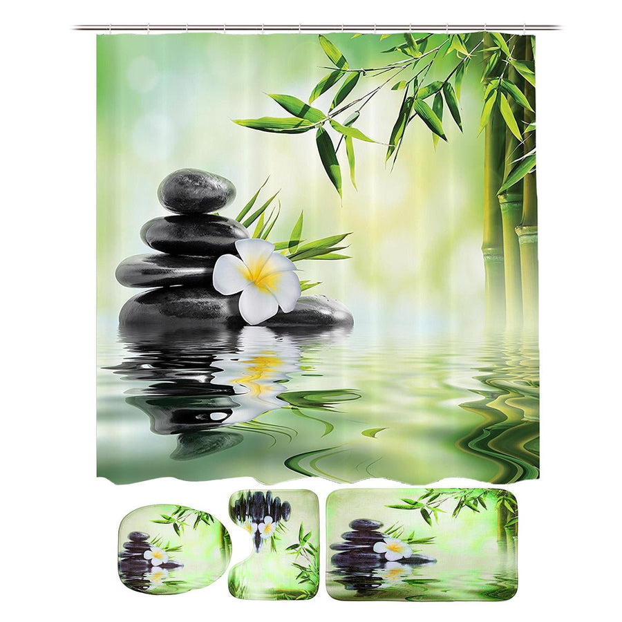 Bamboo Printing Waterproof Bathroom Shower Curtain Toilet Cover Mat Non-slip Carpet Image 1