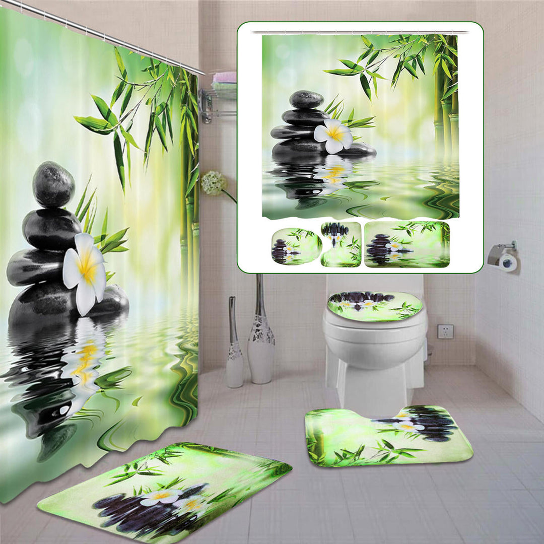 Bamboo Printing Waterproof Bathroom Shower Curtain Toilet Cover Mat Non-slip Carpet Image 2