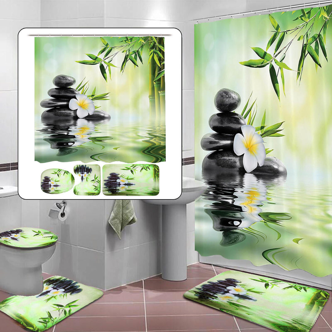 Bamboo Printing Waterproof Bathroom Shower Curtain Toilet Cover Mat Non-slip Carpet Image 3