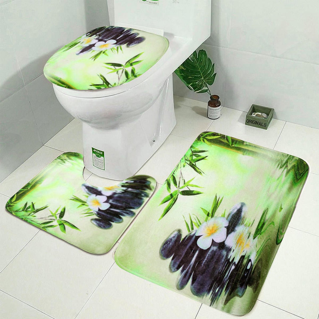 Bamboo Printing Waterproof Bathroom Shower Curtain Toilet Cover Mat Non-slip Carpet Image 4