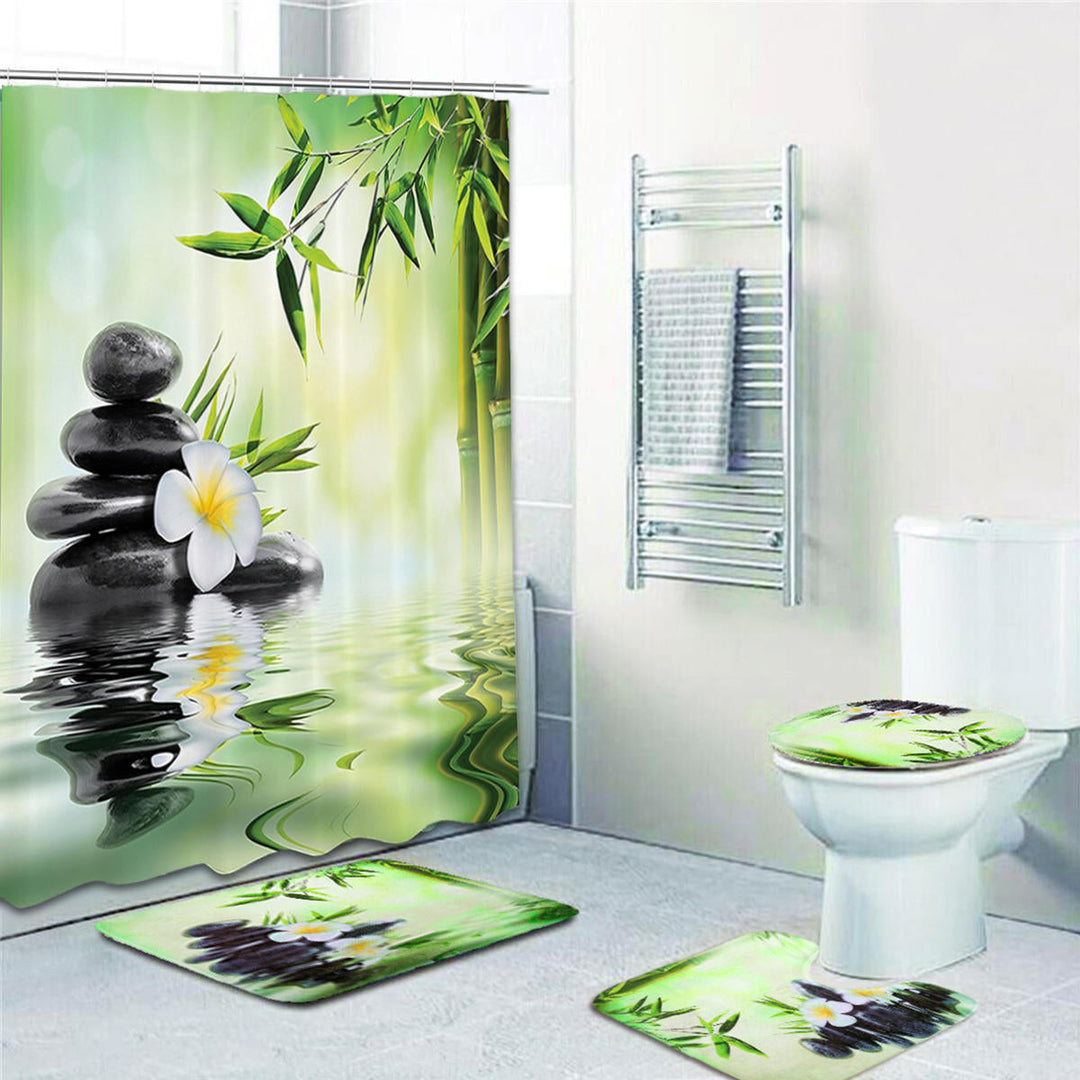 Bamboo Printing Waterproof Bathroom Shower Curtain Toilet Cover Mat Non-slip Carpet Image 6