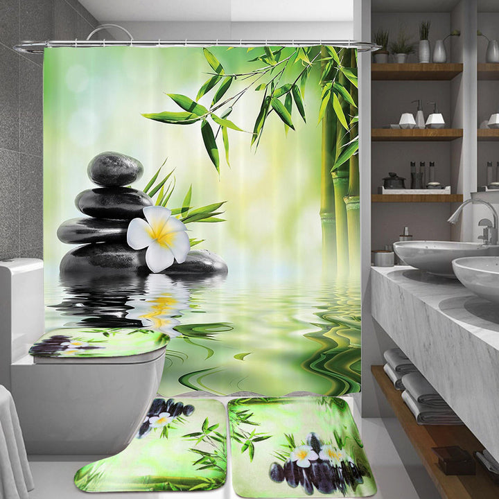 Bamboo Printing Waterproof Bathroom Shower Curtain Toilet Cover Mat Non-slip Carpet Image 7