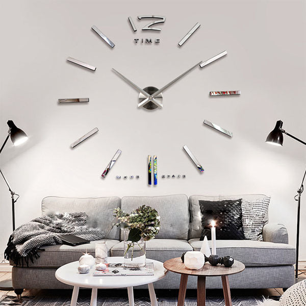 Big Large DIY Frameless Wall Clock Kit 3D Mirror Decoration Silver Image 2