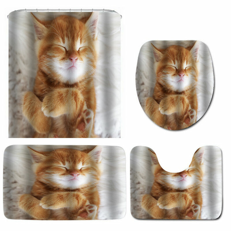 Cat Printing Waterproof Bathroom Shower Curtain Toilet Cover Mat Set Image 1