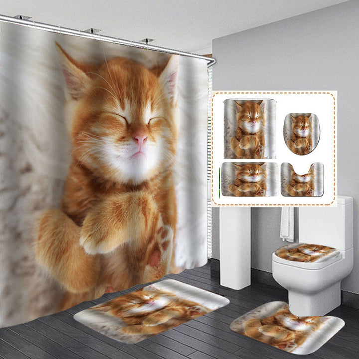 Cat Printing Waterproof Bathroom Shower Curtain Toilet Cover Mat Set Image 2