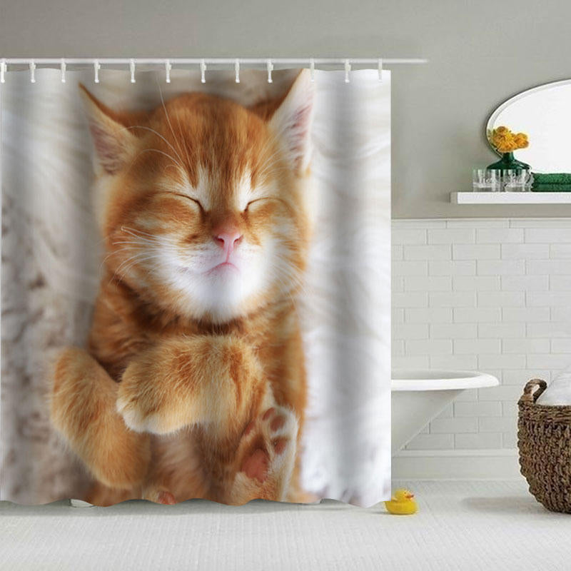 Cat Printing Waterproof Bathroom Shower Curtain Toilet Cover Mat Set Image 3