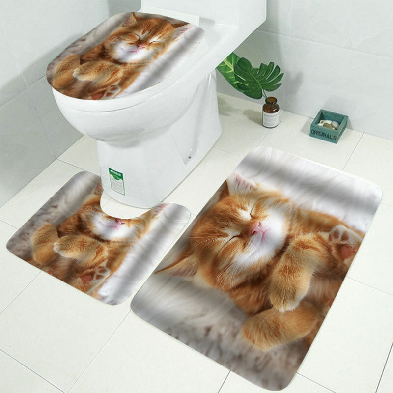 Cat Printing Waterproof Bathroom Shower Curtain Toilet Cover Mat Set Image 5