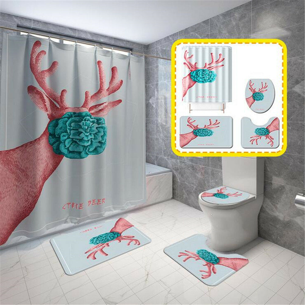 Cartoon Deer Printed Waterproof Shower Curtain Set Non-slip Bath Mat Toilet Floor Mat Set Image 2