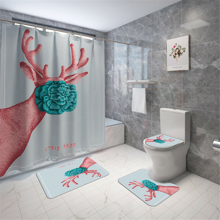 Cartoon Deer Printed Waterproof Shower Curtain Set Non-slip Bath Mat Toilet Floor Mat Set Image 3