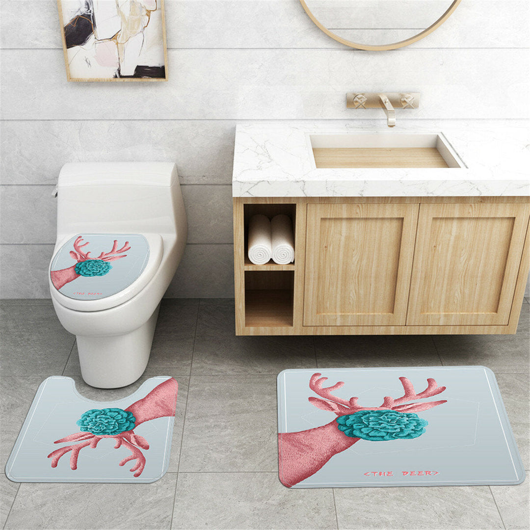 Cartoon Deer Printed Waterproof Shower Curtain Set Non-slip Bath Mat Toilet Floor Mat Set Image 4