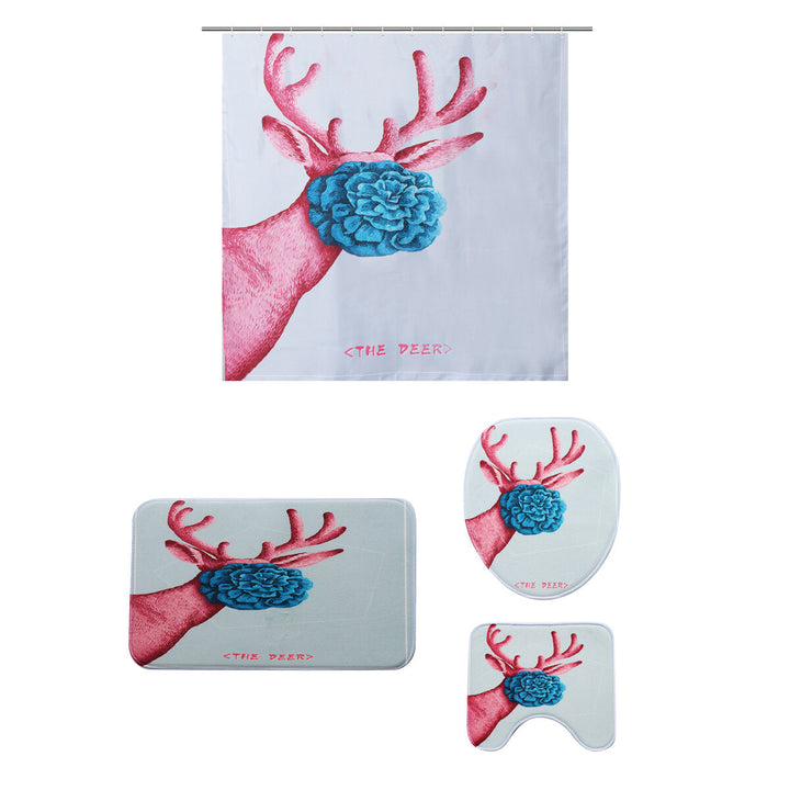 Cartoon Deer Printed Waterproof Shower Curtain Set Non-slip Bath Mat Toilet Floor Mat Set Image 8