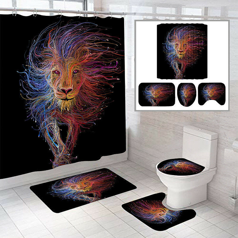 Colorful Lion Pattern Shower Curtain Bath Mat Toilet Pad Set Anti-slip Toilet Pattern Carpet for Bathroom Decoration Image 2