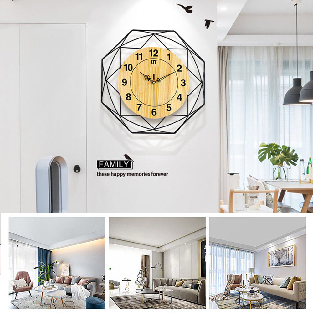 Clear Wide Large Wood 42cm Wall Clock With Bird Stickers For Study Living Room Image 2