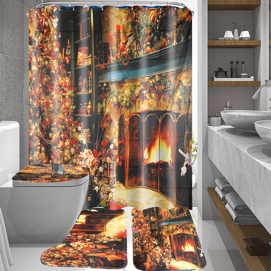 Christmas Shower Curtain Set Fireplace Christmas Tree Waterproof Polyester Fabric Non-slip Bath Mat Set Image 2