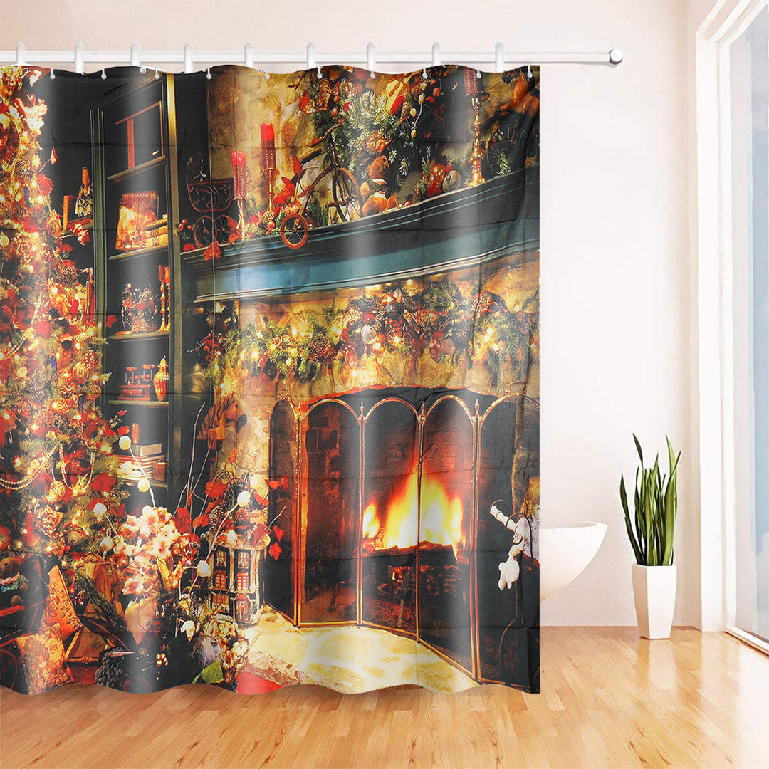 Christmas Shower Curtain Set Fireplace Christmas Tree Waterproof Polyester Fabric Non-slip Bath Mat Set Image 4