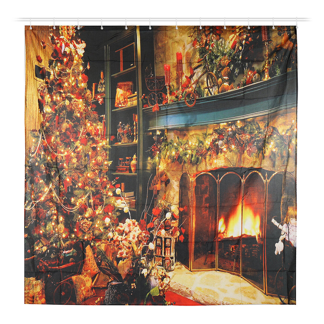 Christmas Shower Curtain Set Fireplace Christmas Tree Waterproof Polyester Fabric Non-slip Bath Mat Set Image 5