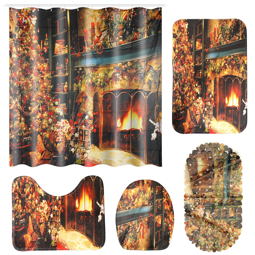 Christmas Shower Curtain Set Fireplace Christmas Tree Waterproof Polyester Fabric Non-slip Bath Mat Set Image 6