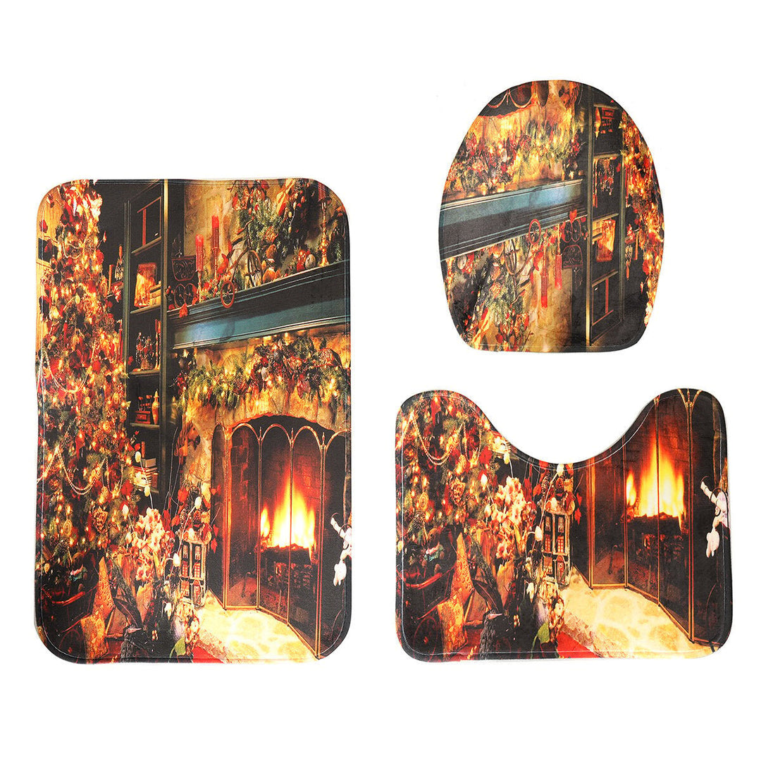 Christmas Shower Curtain Set Fireplace Christmas Tree Waterproof Polyester Fabric Non-slip Bath Mat Set Image 1