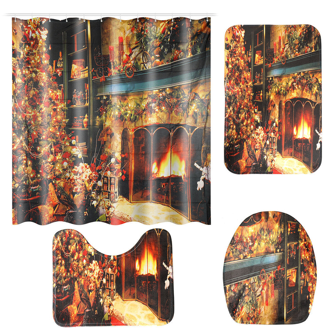 Christmas Shower Curtain Set Fireplace Christmas Tree Waterproof Polyester Fabric Non-slip Bath Mat Set Image 8