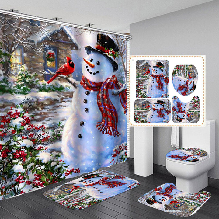 Christmas Snowman 3D Printed Bathroom Curtain Waterproof Anti-slip Christmas Snowman Bath Mat Set Image 1