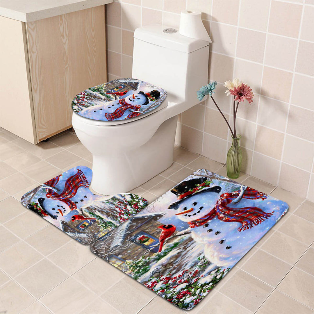 Christmas Snowman 3D Printed Bathroom Curtain Waterproof Anti-slip Christmas Snowman Bath Mat Set Image 2