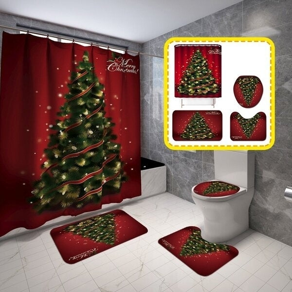 Christmas Tree Waterproof Shower Curtain Set Anti-slip Bath Mat Toilet Seat Cover Floor Mat Set Image 2