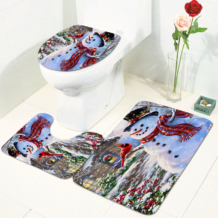 Christmas Snowman 3D Printed Bathroom Curtain Waterproof Anti-slip Christmas Snowman Bath Mat Set Image 3