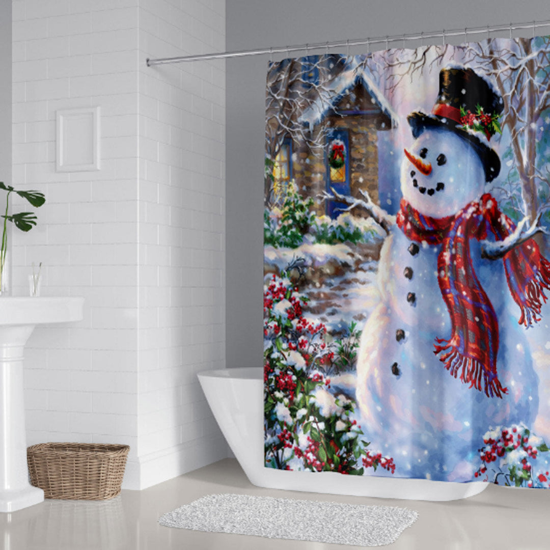 Christmas Snowman 3D Printed Bathroom Curtain Waterproof Anti-slip Christmas Snowman Bath Mat Set Image 4