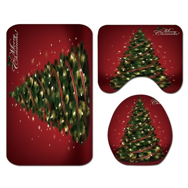 Christmas Tree Waterproof Shower Curtain Set Anti-slip Bath Mat Toilet Seat Cover Floor Mat Set Image 3