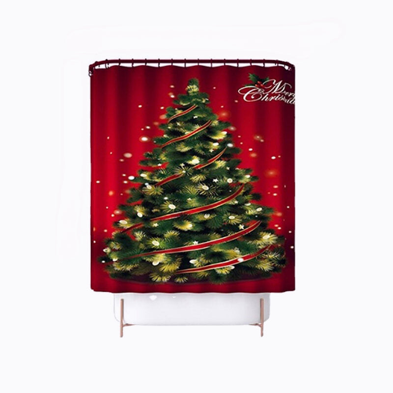 Christmas Tree Waterproof Shower Curtain Set Anti-slip Bath Mat Toilet Seat Cover Floor Mat Set Image 4