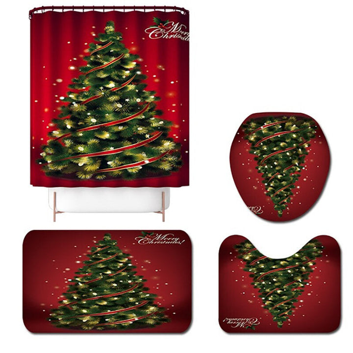 Christmas Tree Waterproof Shower Curtain Set Anti-slip Bath Mat Toilet Seat Cover Floor Mat Set Image 5