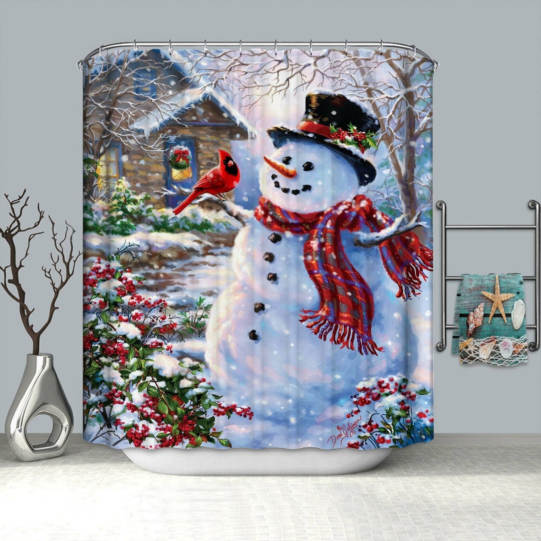 Christmas Snowman 3D Printed Bathroom Curtain Waterproof Anti-slip Christmas Snowman Bath Mat Set Image 5