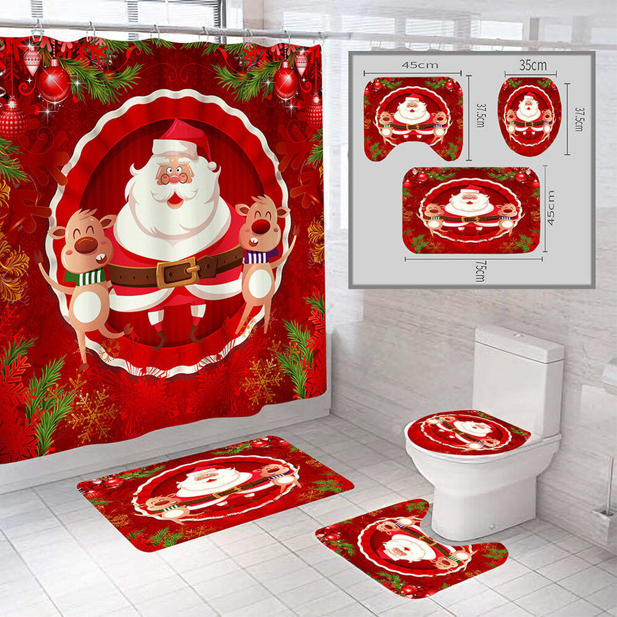 Christmas Style Shower Curtain Santa Claus Three-piece Four-piece Bathroom Mat Set Waterproof Toilet Mat Set Image 1