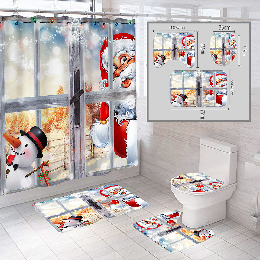 Christmas Style Shower Curtain Santa Claus Three-piece Four-piece Bathroom Mat Set Waterproof Toilet Mat Set Image 2