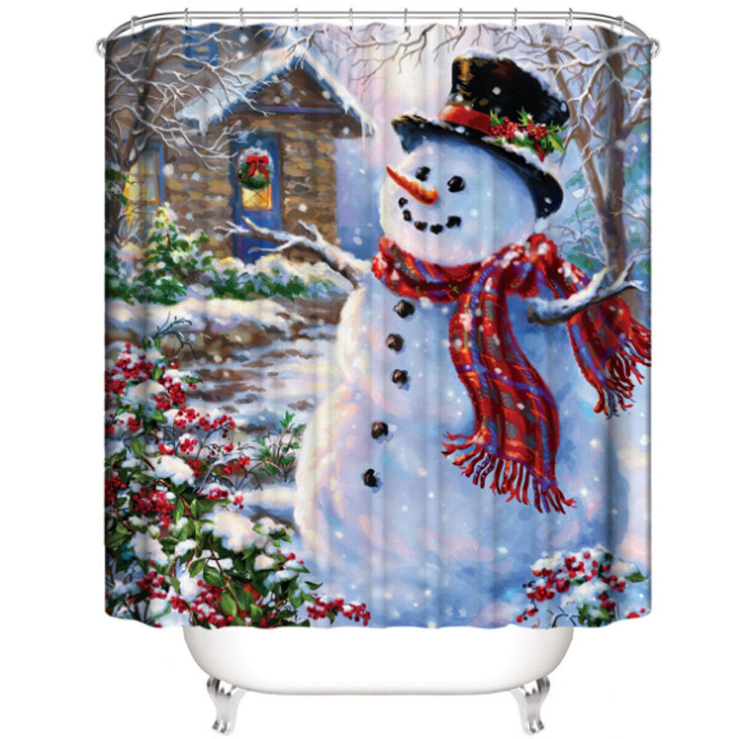 Christmas Snowman 3D Printed Bathroom Curtain Waterproof Anti-slip Christmas Snowman Bath Mat Set Image 6