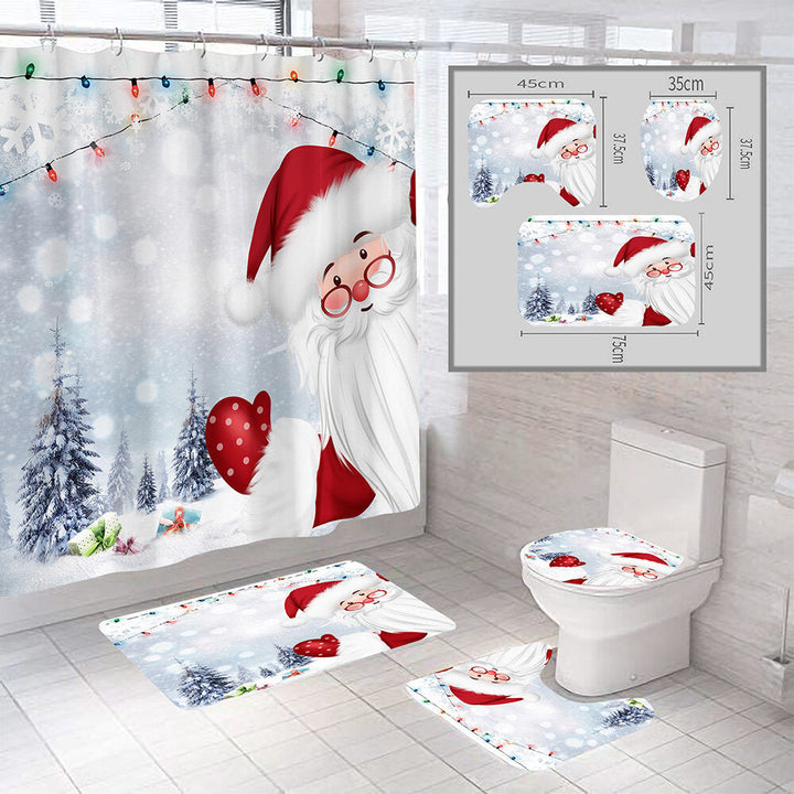 Christmas Style Shower Curtain Santa Claus Three-piece Four-piece Bathroom Mat Set Waterproof Toilet Mat Set Image 3