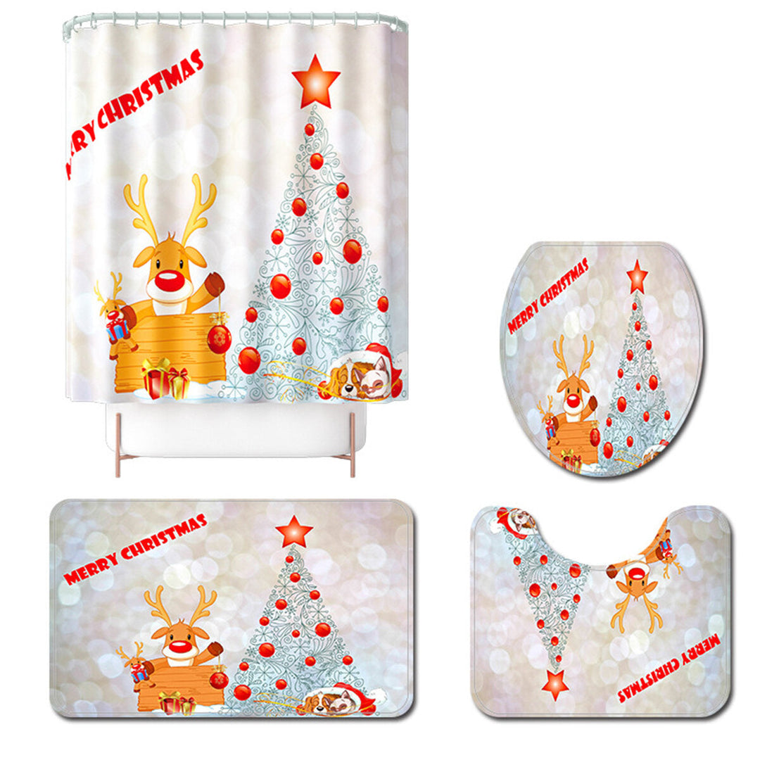 Christmas Tree Xmas Bathroom Shower Curtain Toilet Cover Rug Floor Bath Mat Image 1