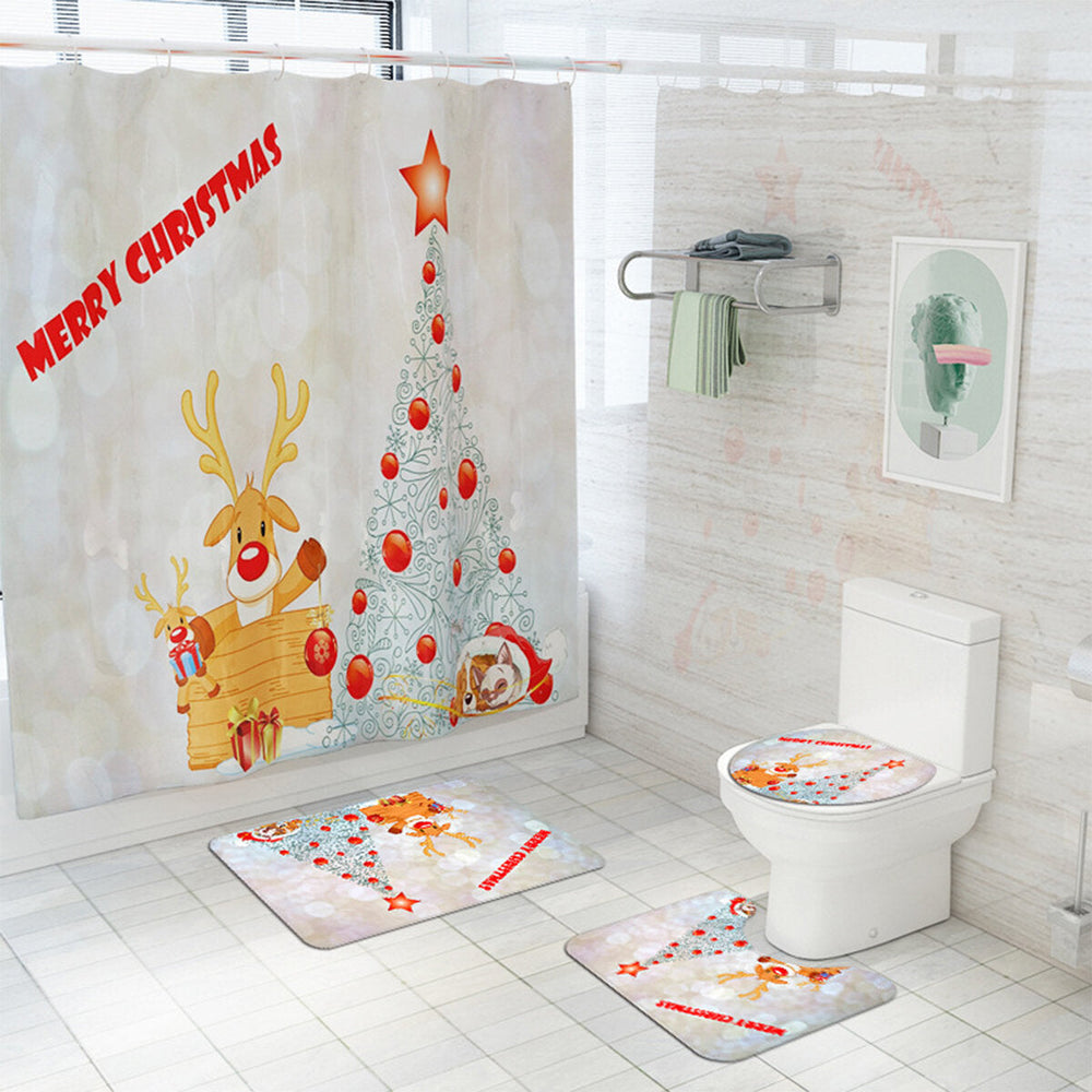 Christmas Tree Xmas Bathroom Shower Curtain Toilet Cover Rug Floor Bath Mat Image 2