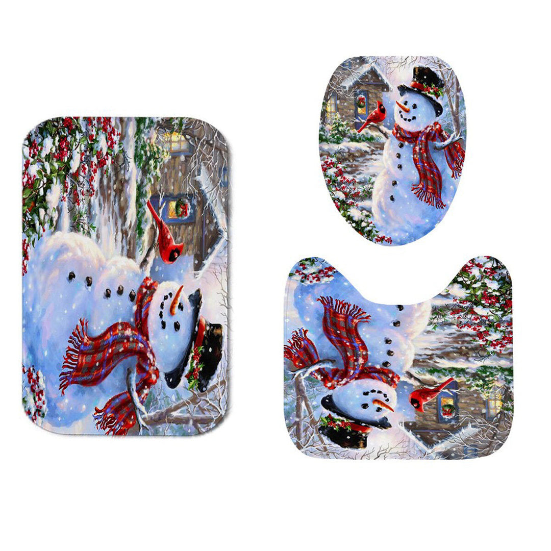 Christmas Snowman 3D Printed Bathroom Curtain Waterproof Anti-slip Christmas Snowman Bath Mat Set Image 7