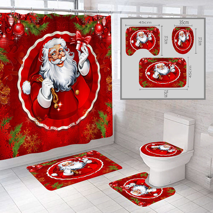 Christmas Style Shower Curtain Santa Claus Three-piece Four-piece Bathroom Mat Set Waterproof Toilet Mat Set Image 6