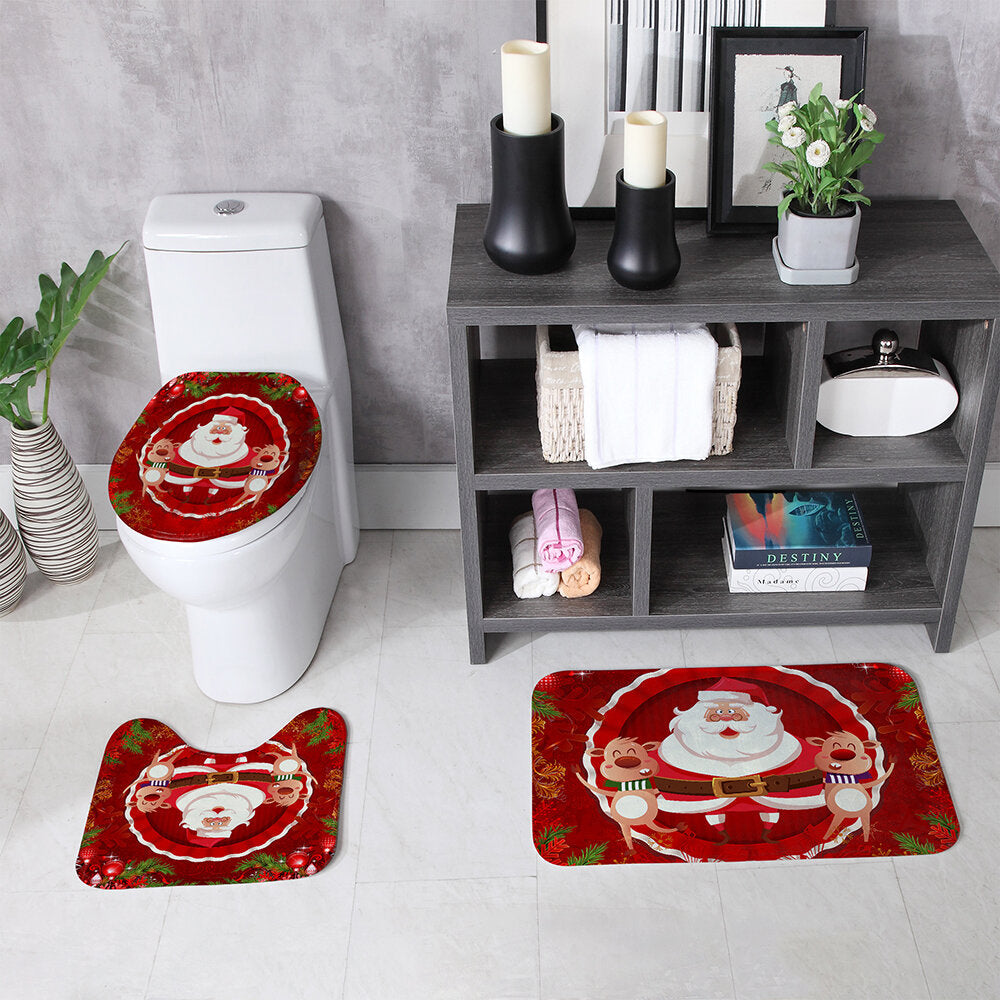 Christmas Style Shower Curtain Santa Claus Three-piece Four-piece Bathroom Mat Set Waterproof Toilet Mat Set Image 7