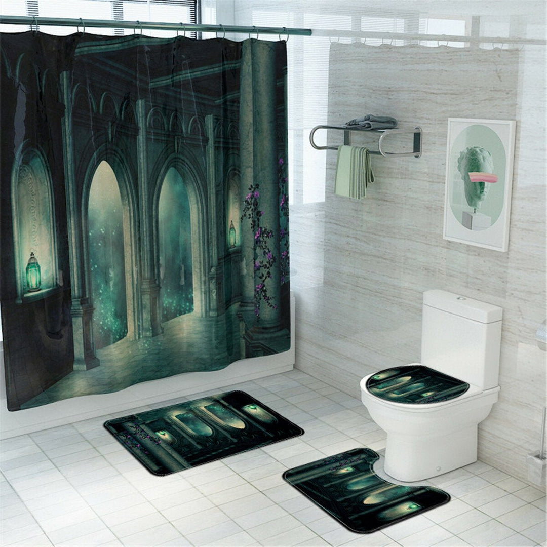 Dark Castle Printed Waterproof Shower Curtain Anti-slip Toilet Mat Carpet Set Image 1