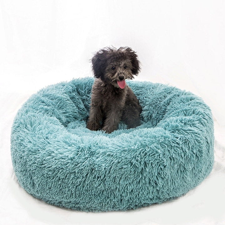 Dark Green Round Removable Plush Doghouse Sofa Bed Warm Dog Mat Non-slip Washable Pet Mat Image 2