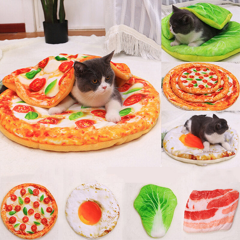 Delicious Pizza Fried Eggs Bacon Chinese Cabbage Pattern Pet Mat Round Cat Puppy Bed Blanket Dog Mat Pet Cat Sleeping Image 2