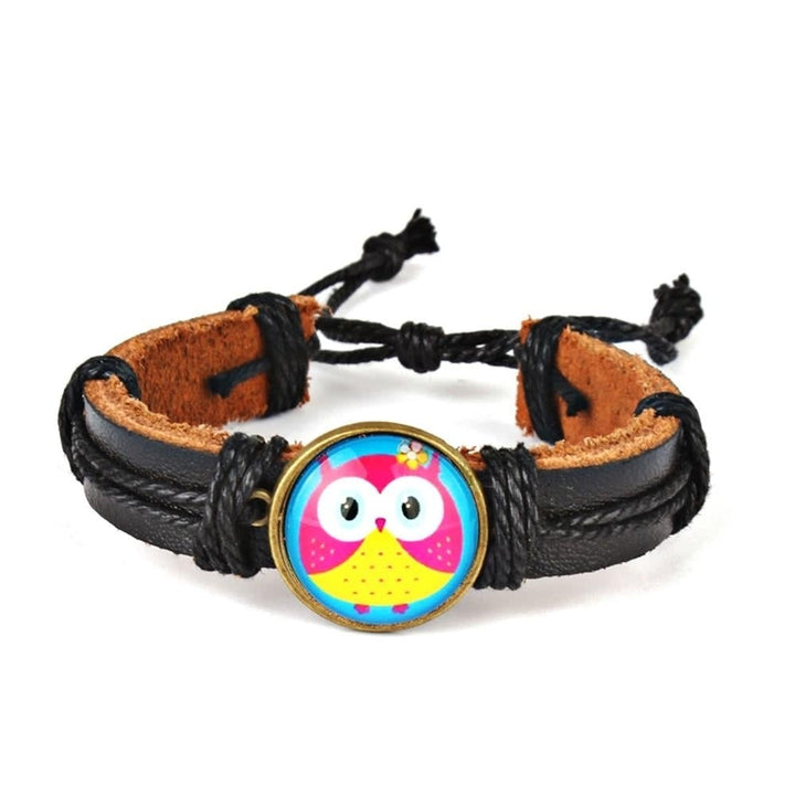 Cute Lovely Round Owl Woven Leather Wrist Bracelet for Women Vintage Jewelry Image 1