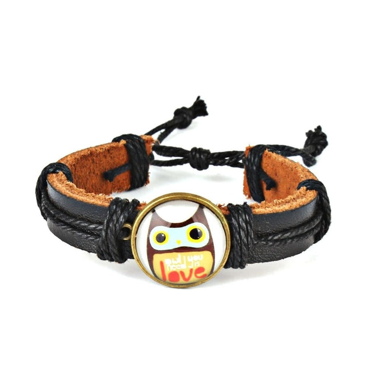 Cute Lovely Round Owl Woven Leather Wrist Bracelet for Women Vintage Jewelry Image 5