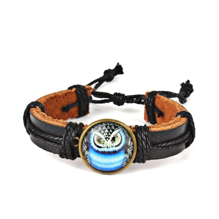 Cute Lovely Round Owl Woven Leather Wrist Bracelet for Women Vintage Jewelry Image 1