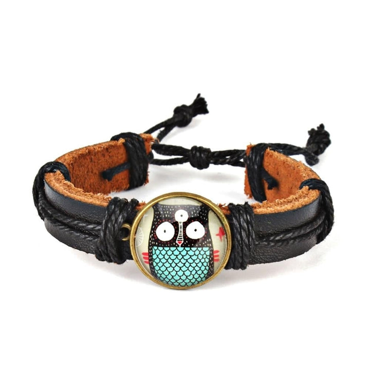 Cute Lovely Round Owl Woven Leather Wrist Bracelet for Women Vintage Jewelry Image 8