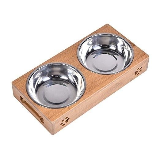 Double Pet Dog Bowl Stainless Steel Pet Bowl Bamboo Bottom Food Water Dual-use Pet Bowl Image 4